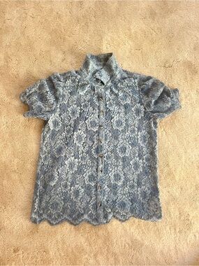 Pilcro Light Blue Lace Short-Sleeve Button-Down Shirt